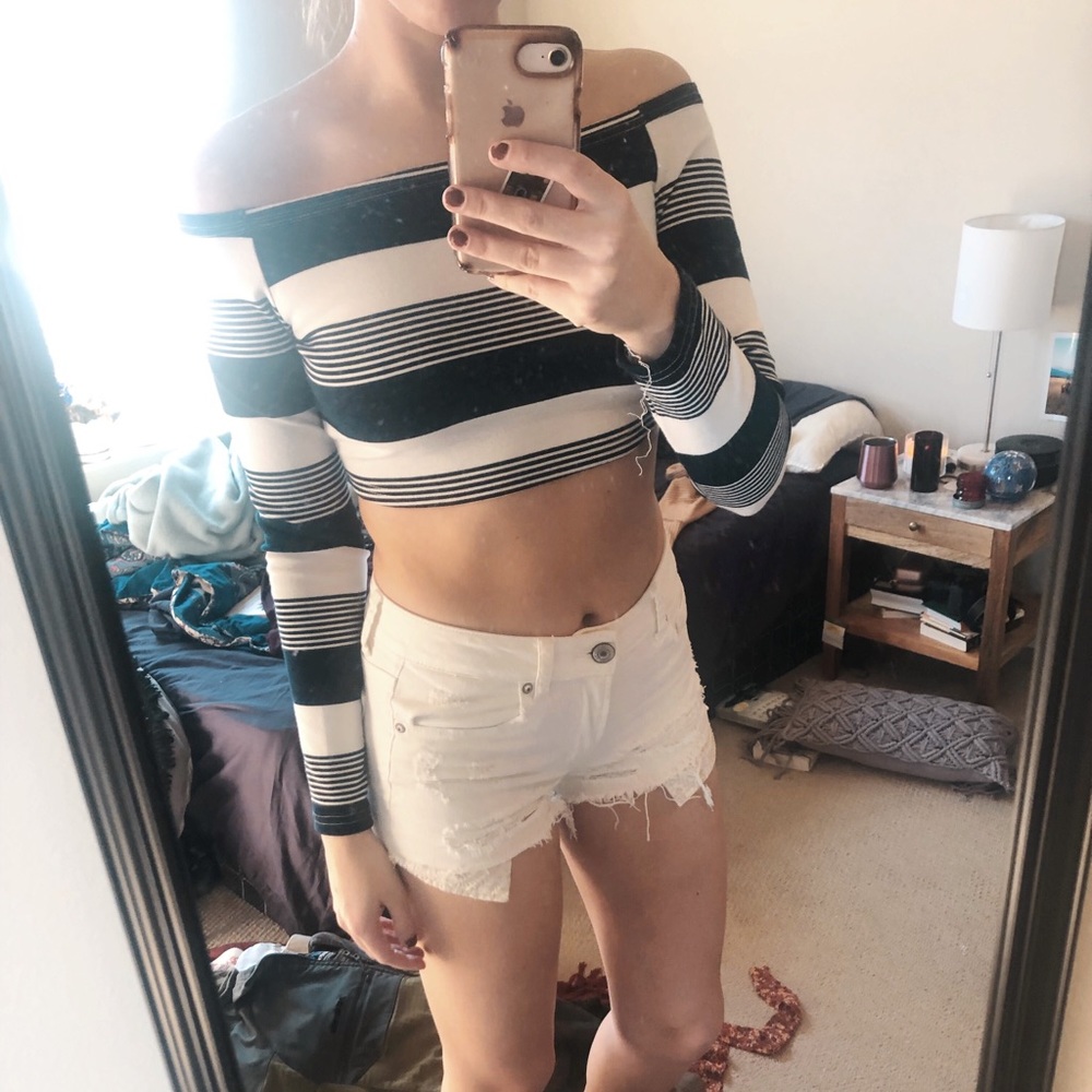 Navy stripe off the shoulder crop top